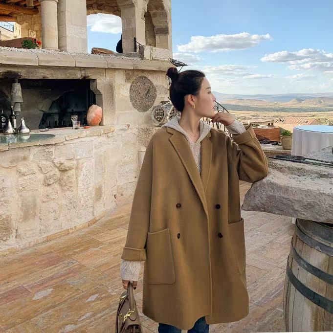 Korean Style Mid-Length Loose Woolen Coat With Button Front