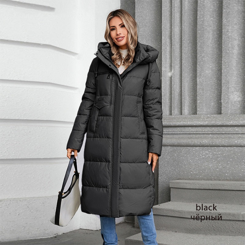 Long Hooded Zip Up Cotton Coat For Elegant Commuter Style