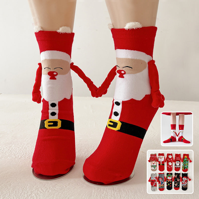 Cute Magnetic Hand Holding Christmas Themed Ankle Socks for Couples-Theone Apparel