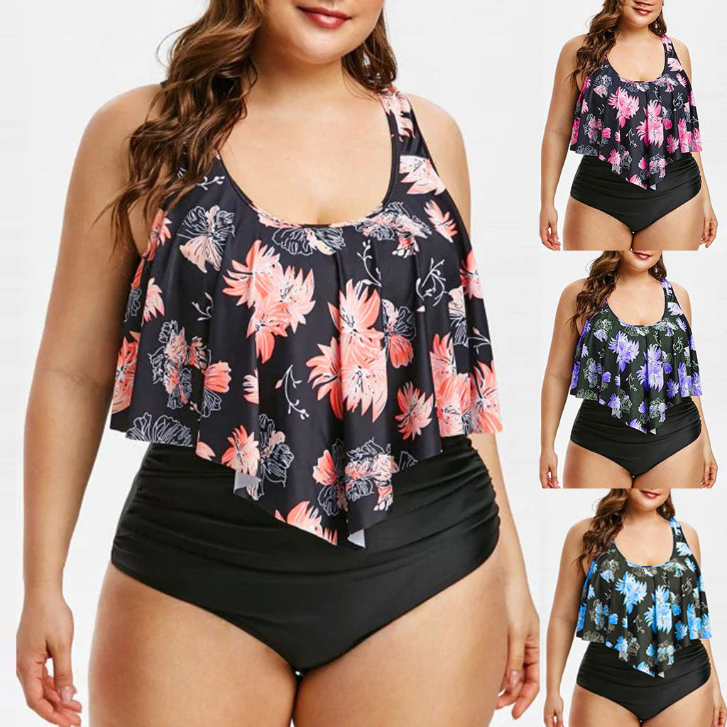 High-Waist Lotus Print One-Piece Swimsuit for Elegant Flair-Theone Apparel