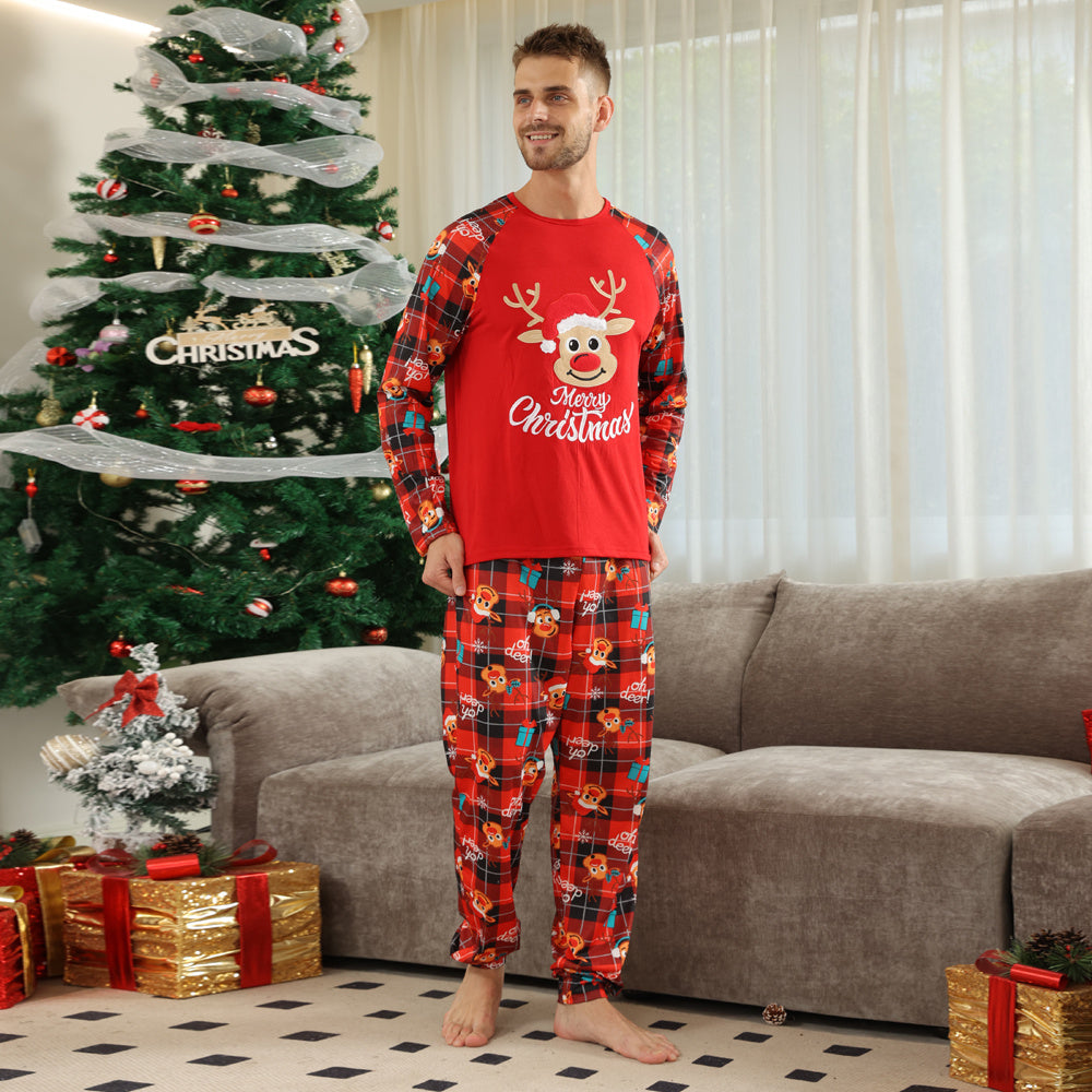 Merry Christmas Reindeer Red Plaid Matching Family Pajama Set-Theone Apparel