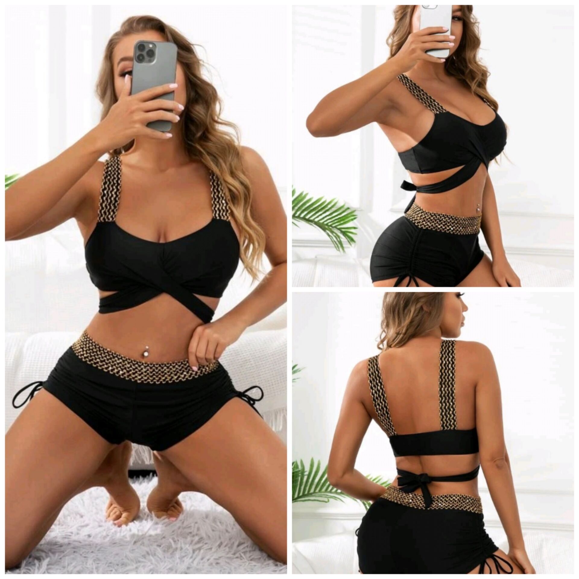 Solid Color High-Waist Bikini for Timeless Beach Style-Theone Apparel