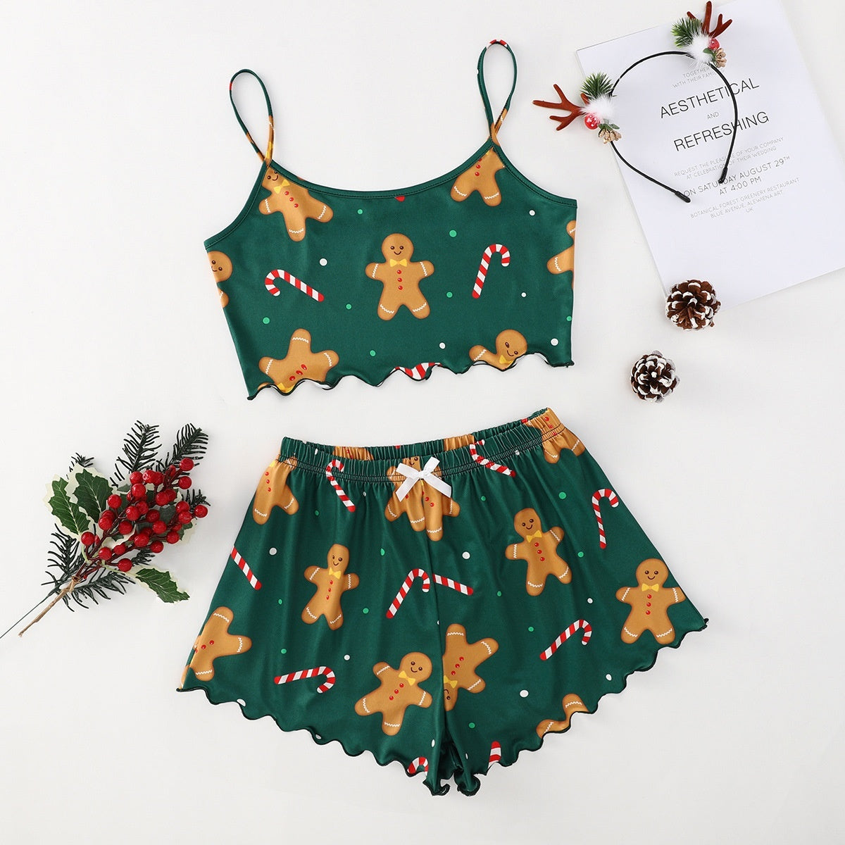 Women's Adorable Two Piece Christmas Pajama Crop Top and Shorts Set-Gingerbread Man-Theone Apparel