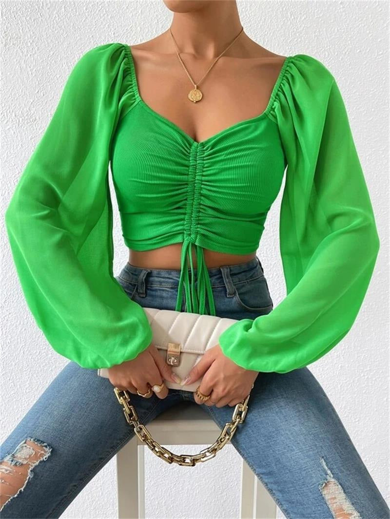 Women's Loose Fitting Billowy Sleeved Off the Shoulder Blouse-Green-Theone Apparel