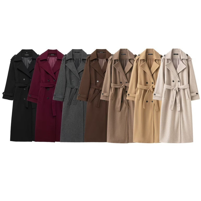British Double-Breasted Long Wool Coat Women's Classic Overcoat