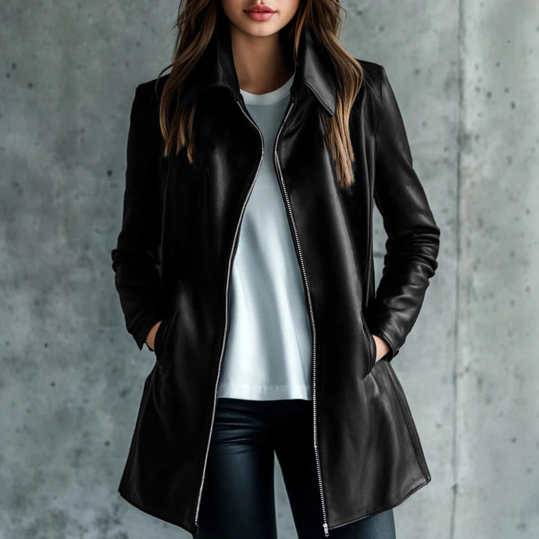 Elegant Mid-Length Black PU Leather Jacket For Women