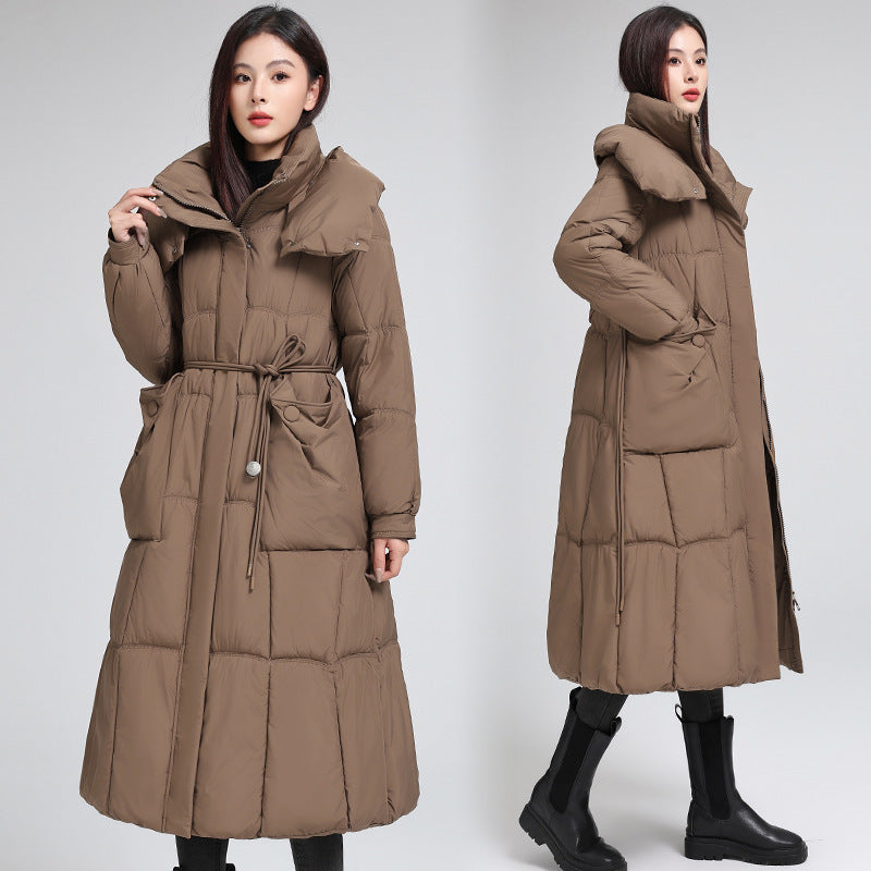 Knee Length Waist Cinching Padded Cotton Coat For Women
