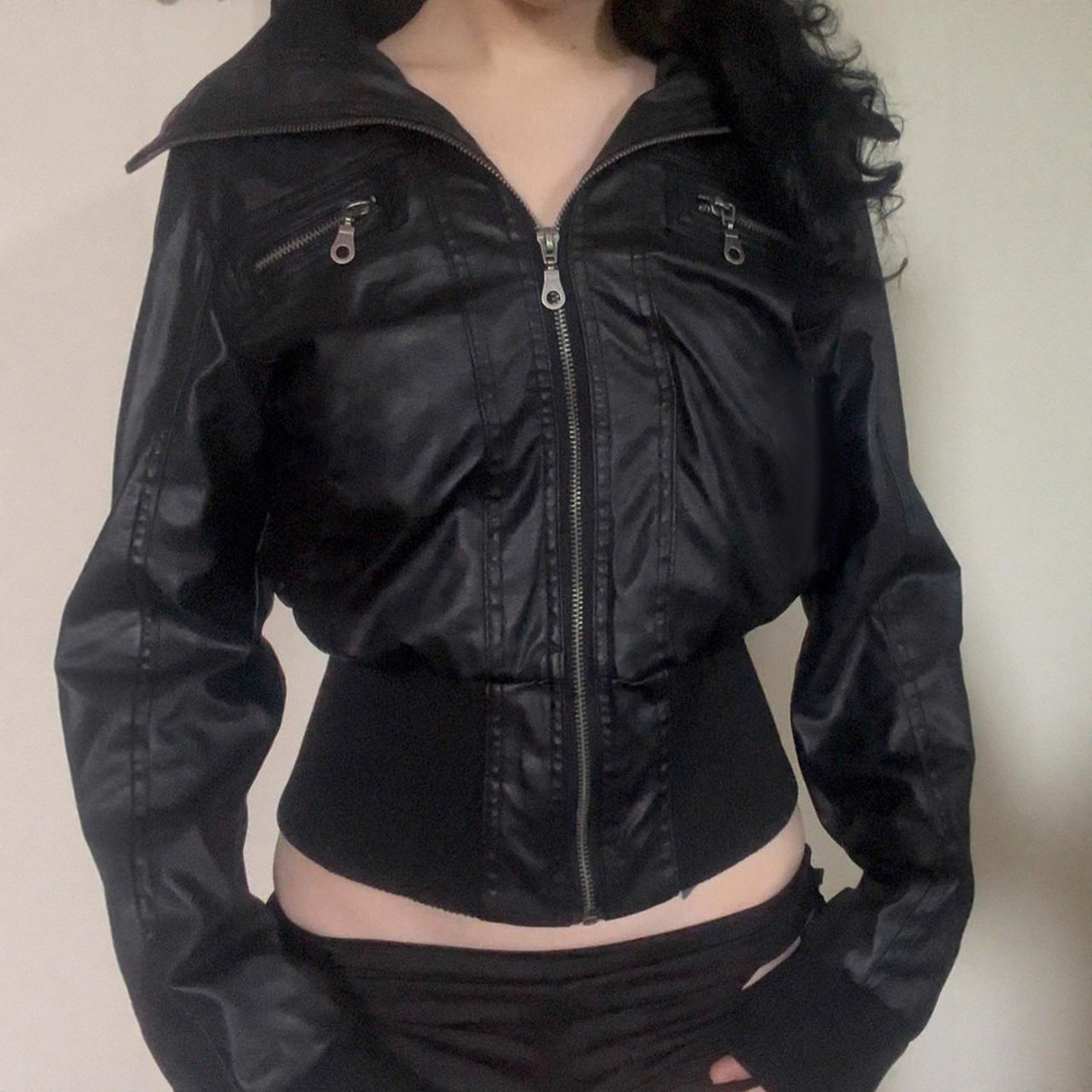Retro Slim Fit Zipper Faux Leather Jacket For Women