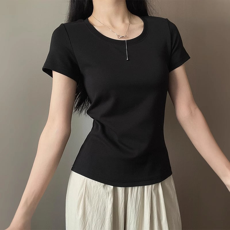 Solid Color Korean Style All-match U-collar Bottoming Top Women's Summer Cotton Short Sleeve Shoulder T-shirt Women
