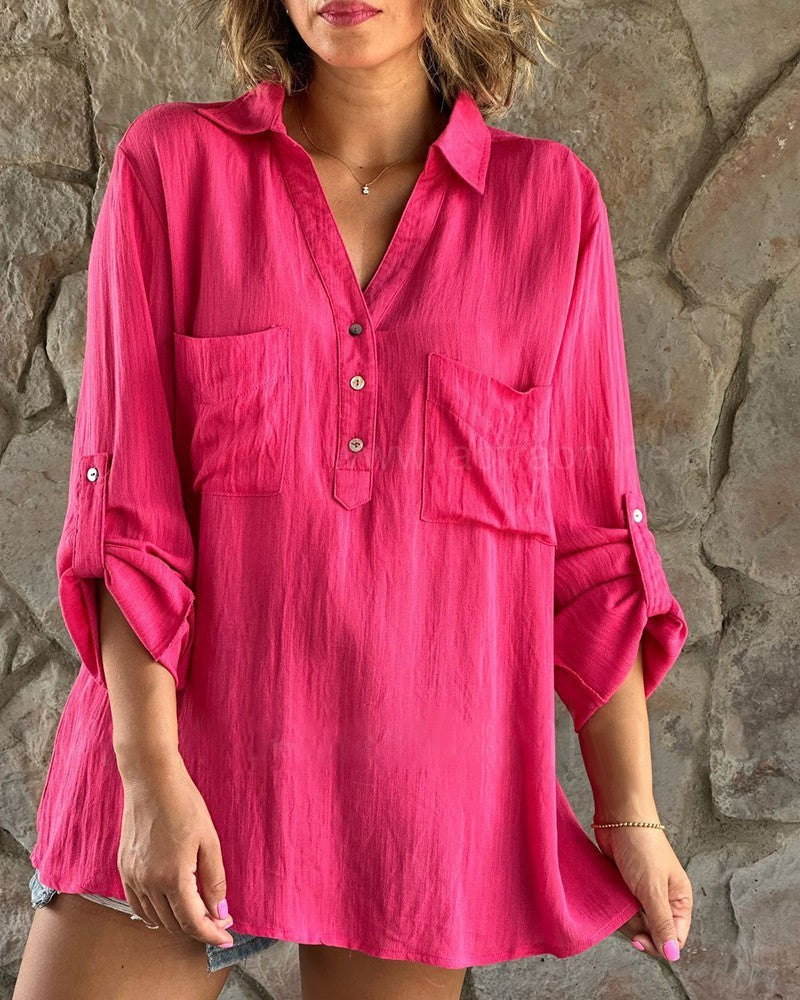 Women's Solid Color Long Sleeve Button Up Blouse