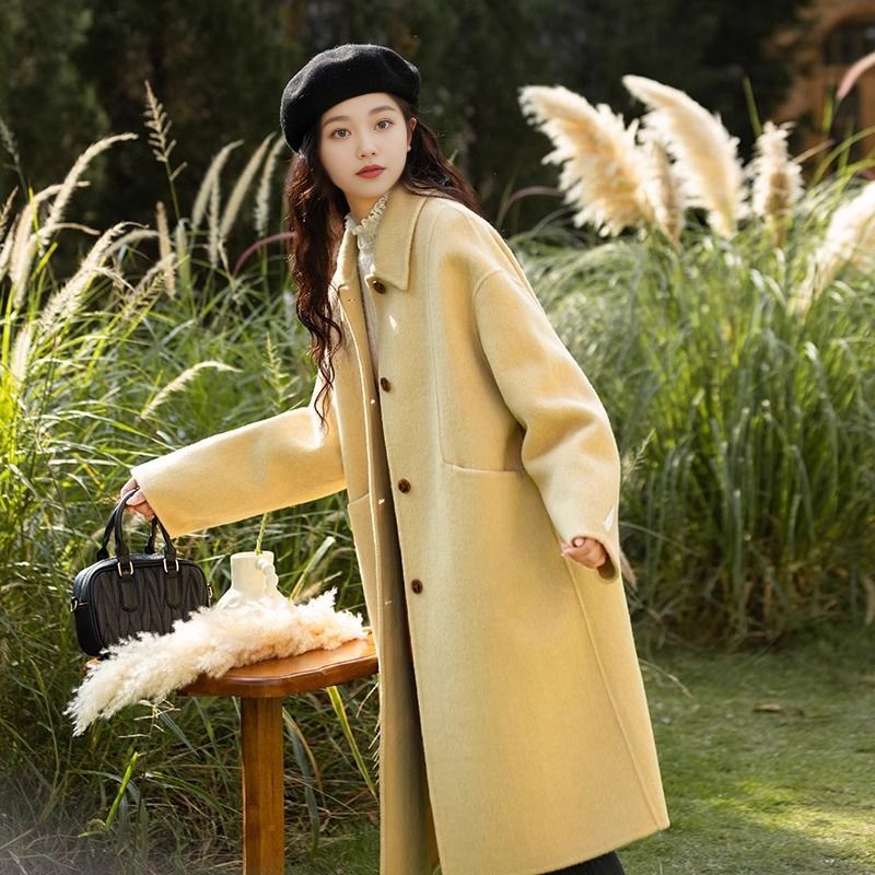 Loose-fit, Turn-down Collar, Double-faced Wool Coat, Mid-length Style