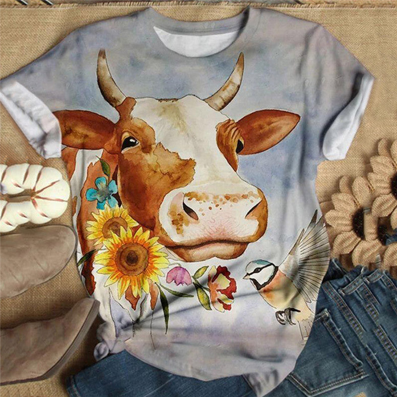Bull-Head Print Crew Neck Short Sleeve T-Shirt For Women