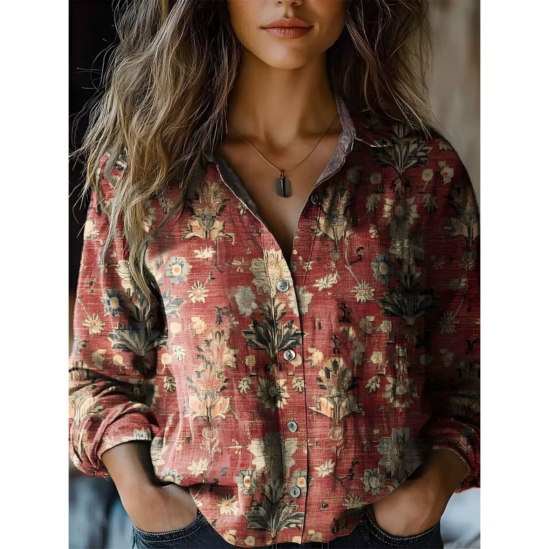 Retro Print Long Sleeve Casual Shirt