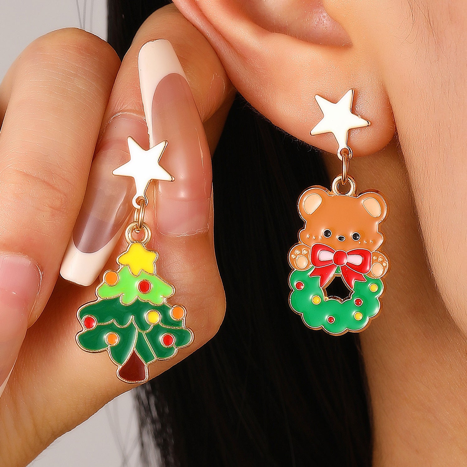 Whimsical Enamel and Metal Stud Back Christmas Themed Drop Earrings