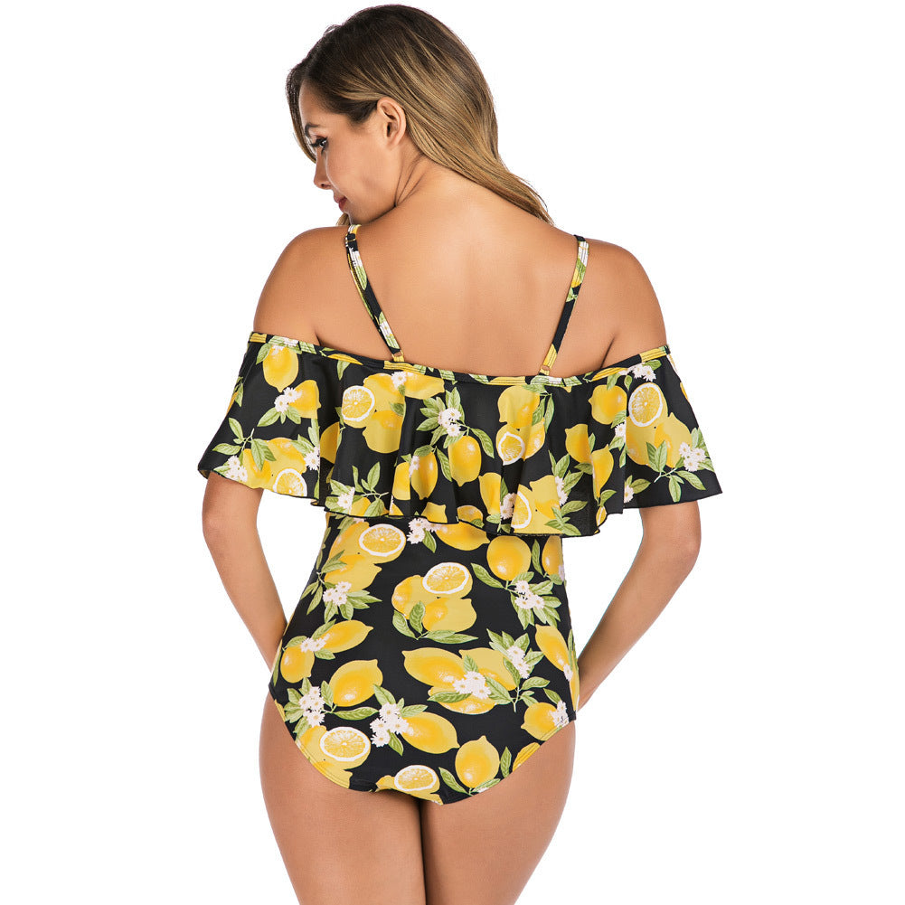 Women's One Piece Off Shoulder Lemon Print Swimsuit