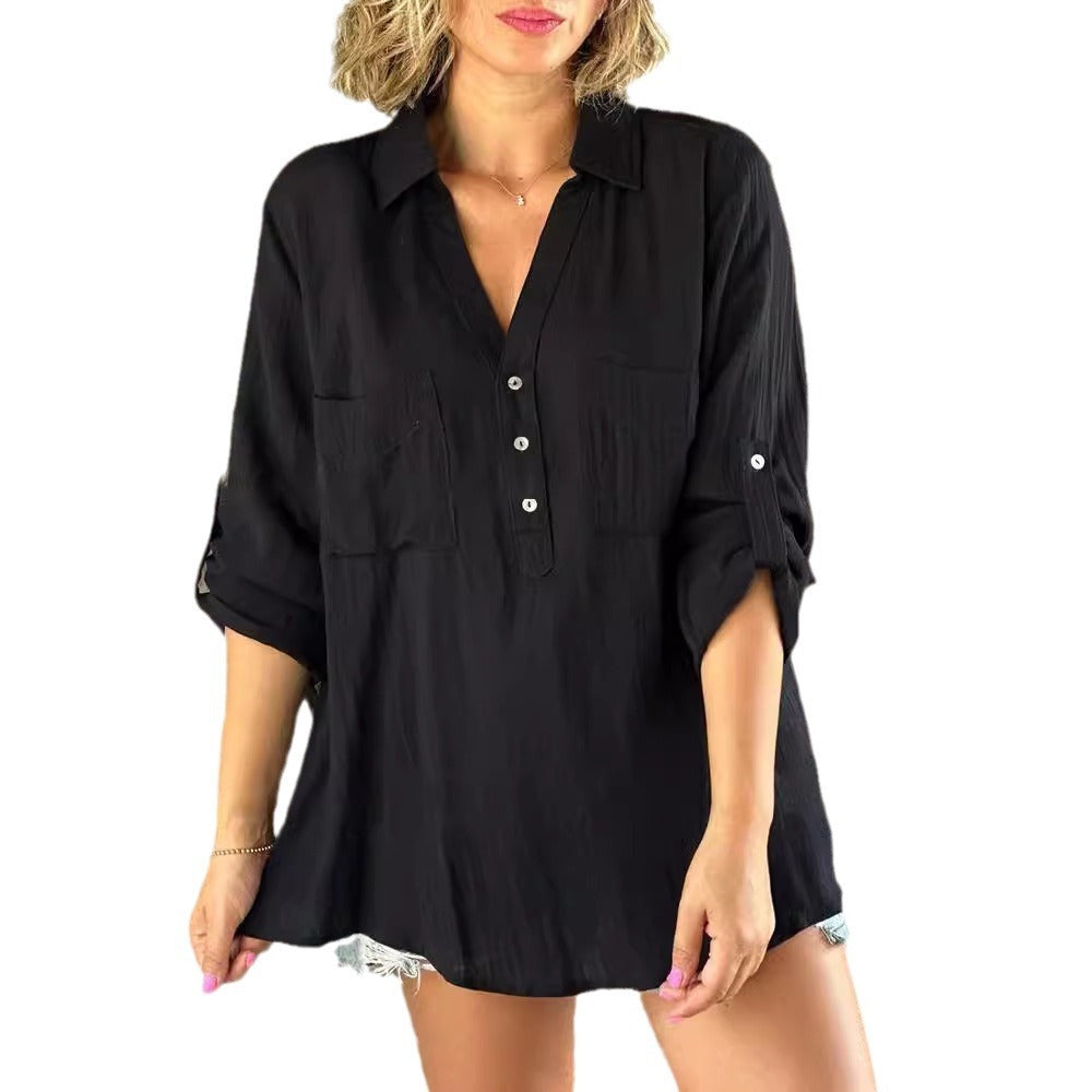 Women's Solid Color Long Sleeve Button Up Blouse