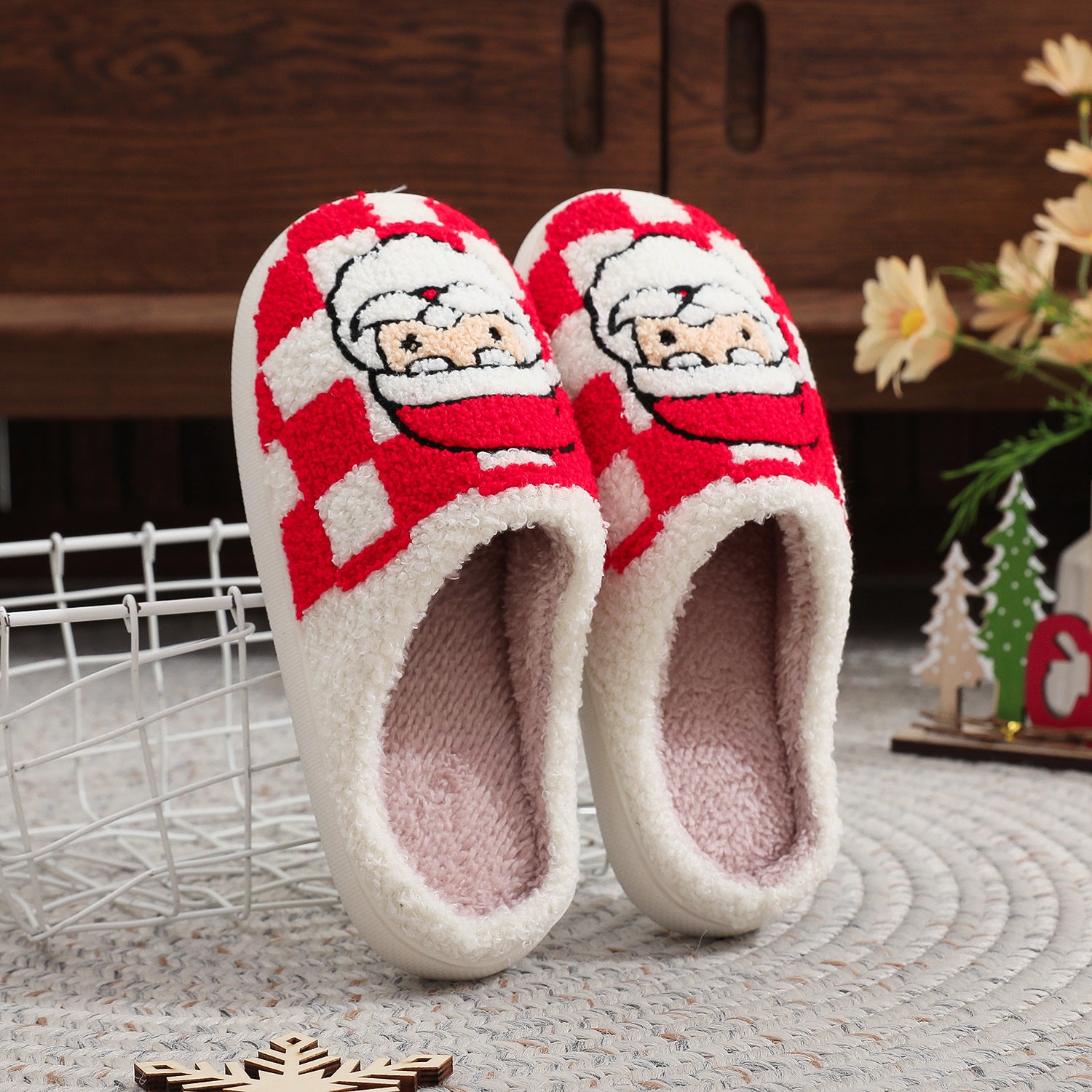 Festive Red and White Checkered Santa Claus Fleece Slipon Shoes