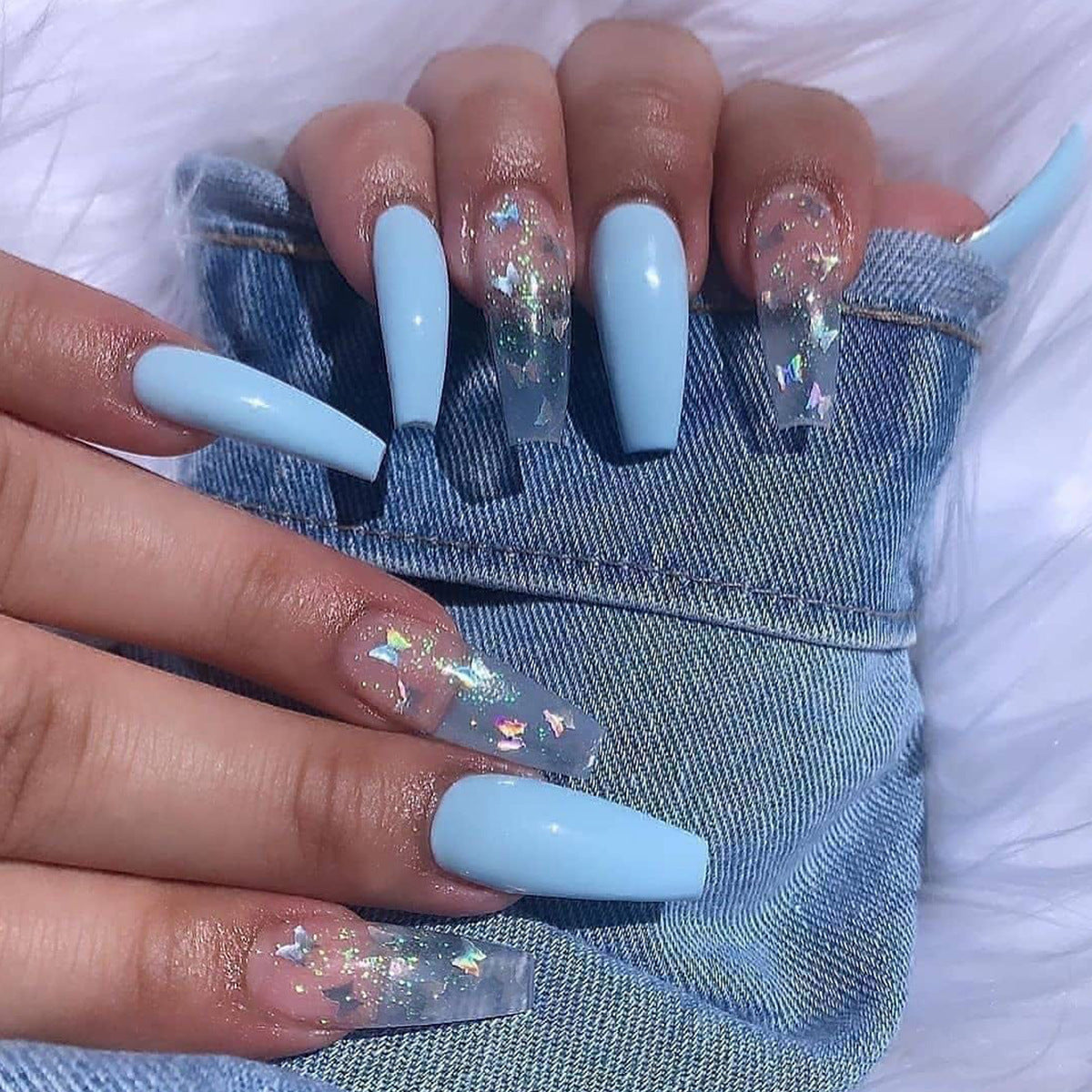 Women's Sky Blue and Transparent Coffin Shaped Accent Nail Set