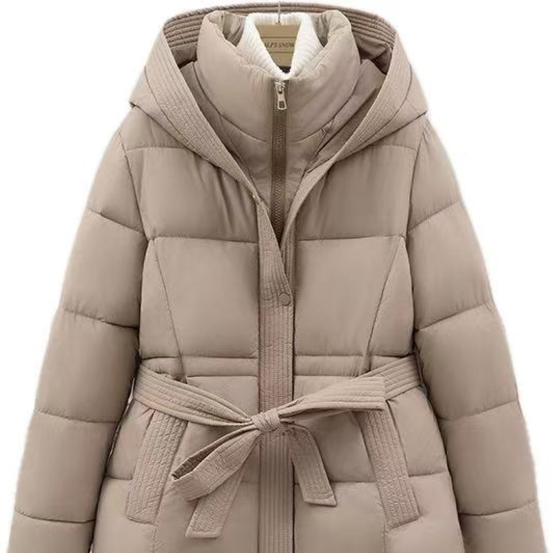 Women's Short Waist-cinching Slim-fit Hooded Tie-front Warm Coat