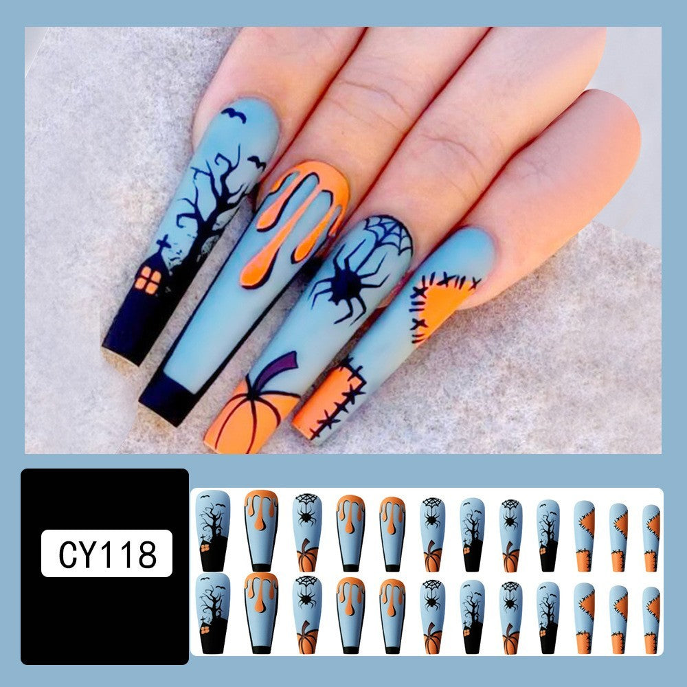 Women's Long Halloween Themed Coffin Nail Set in Blue and Orange