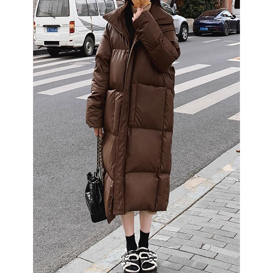 Coffee Brown Mid-Length Padded Puffer Jacket With Zipper