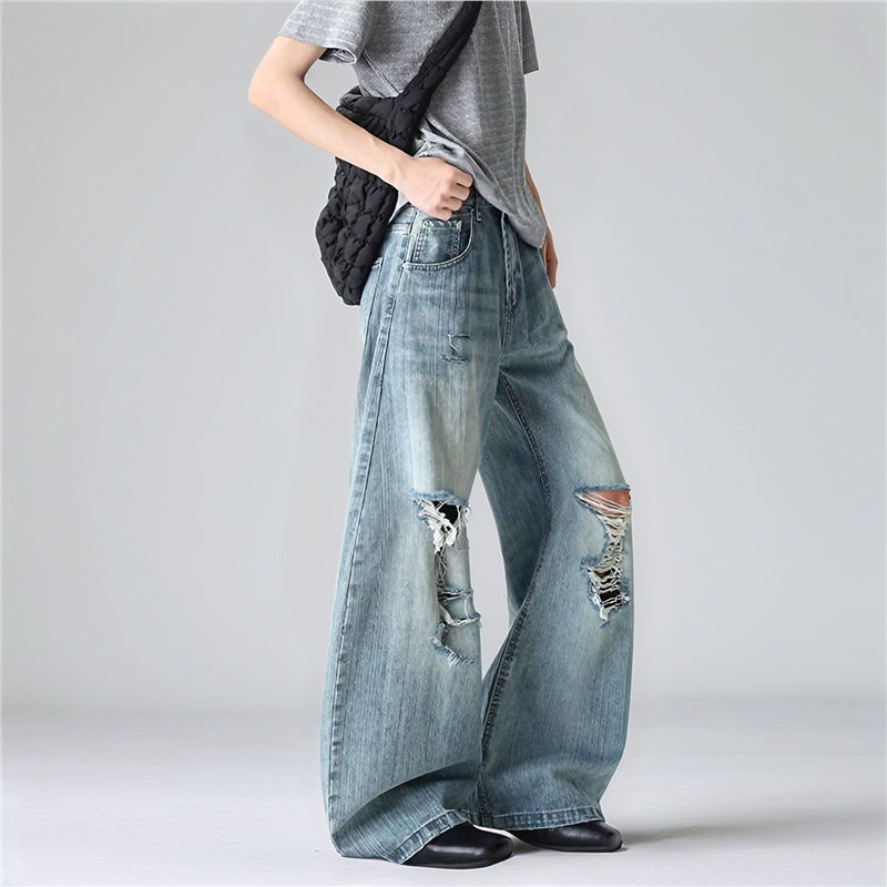 Women's Summer American Washed Bamboo Hole Ripped Jeans Niche Plus Size