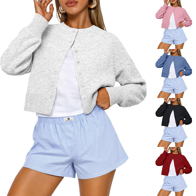 Buttoned Long-sleeve Crew-neck Solid-color Cropped Knit Sweater