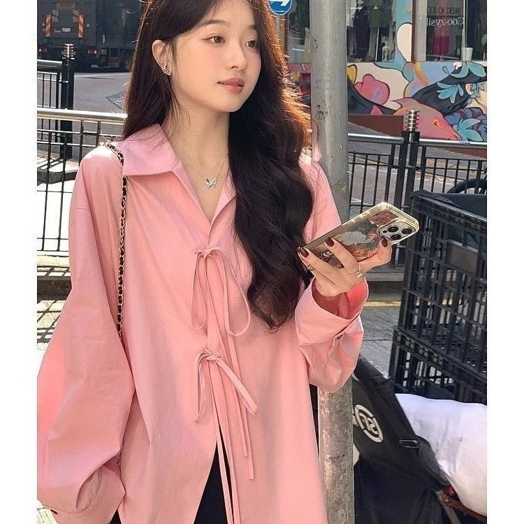 Laid-back Style Bow-Tied Long-Sleeve Shirt