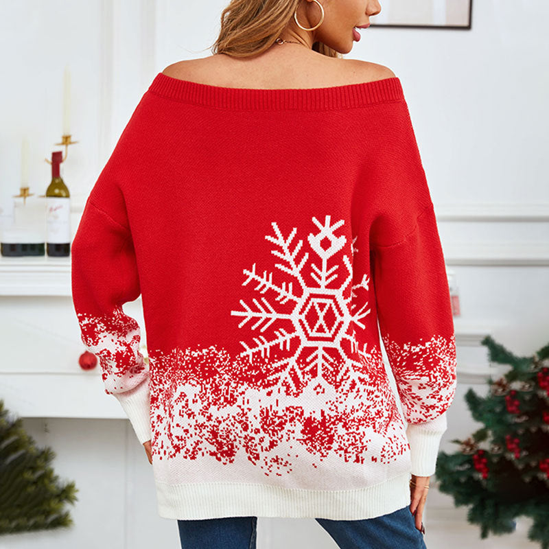 Cute Long Sleeve Slouchy Red Sweater with White Snowflake Details