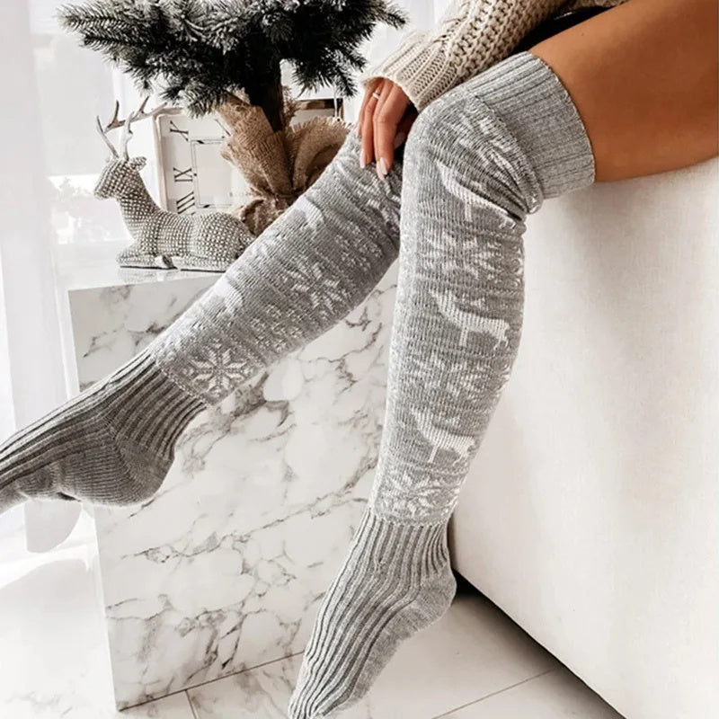 Thigh High Christmas Themed Knit Style Socks in Red and White