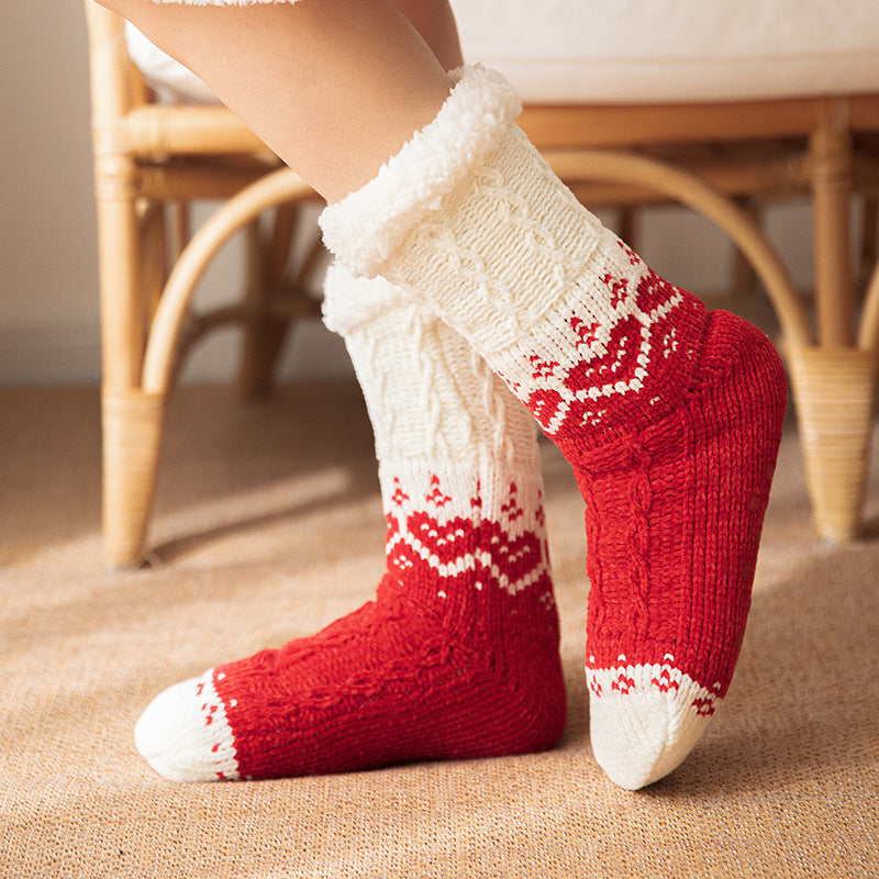 Soft Knit Style Christmas Wintry Design Thick Socks in Red or Gray