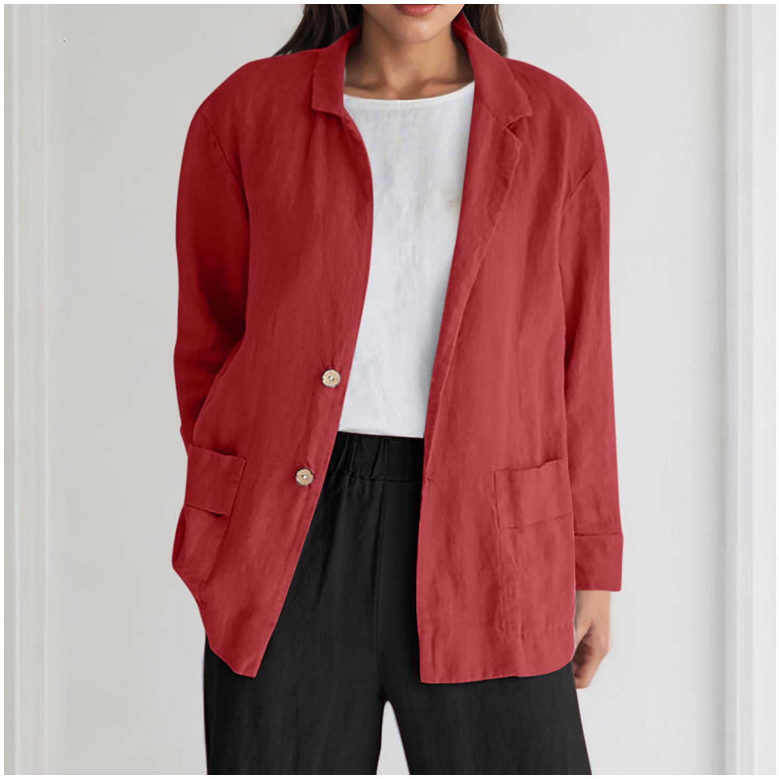 Loose-fit Solid-color Long-sleeve Cotton-linen Coat With Buttons For Women