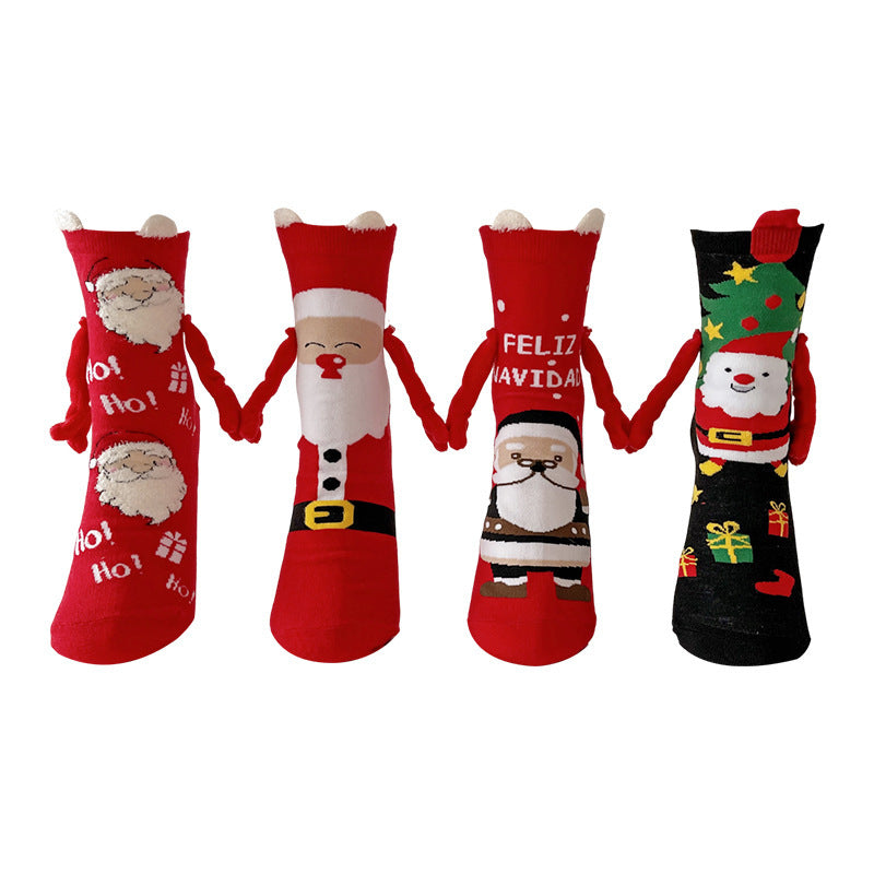 Cute Magnetic Hand Holding Christmas Themed Ankle Socks for Couples