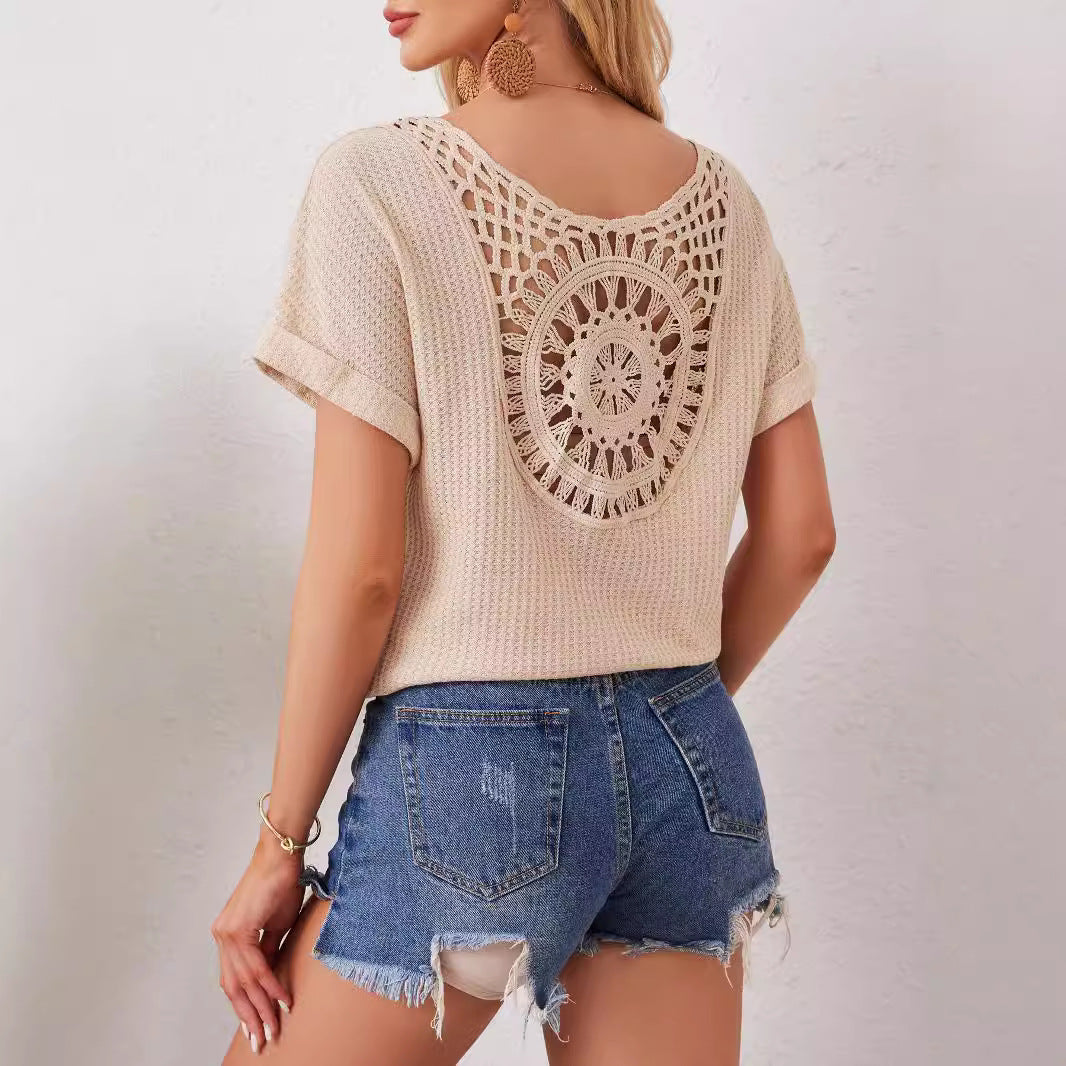 V-neck Back-cutout Patchwork Fashionable Lace Batwing-sleeve T-shirt