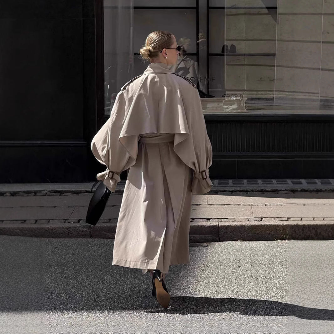 Women's Long Khaki Belted Cape Trench Coat