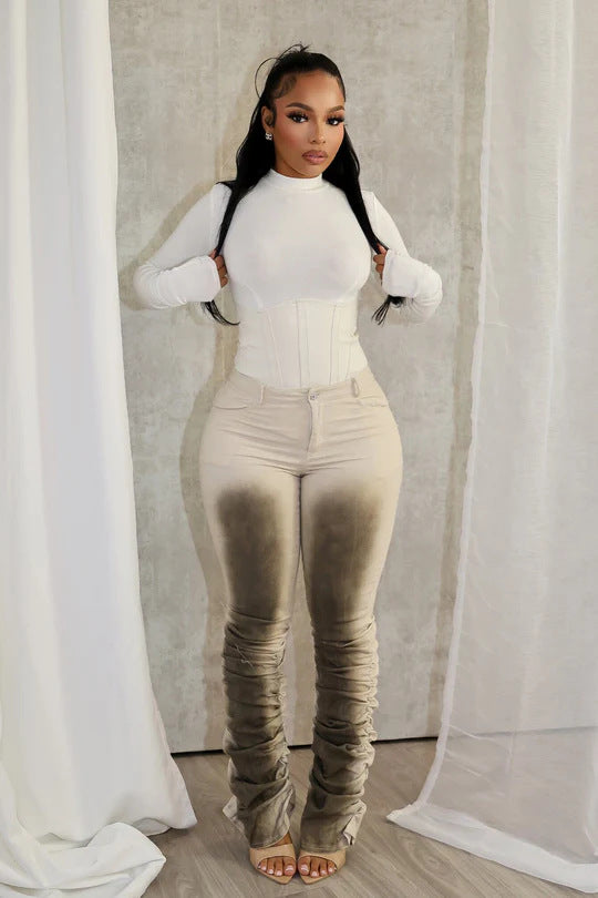 Fashionable Sexy Slim-fit Distressed Retro-style Stacked Pants