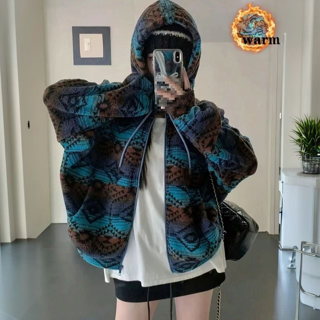 Double-sided Fleece Color-blocking Printed Pattern Jacket Cardigan