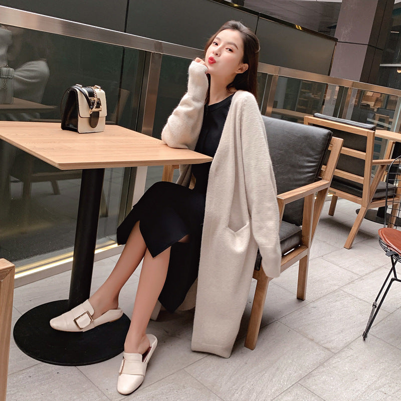 Mid-length Sweater Women's Solid Color V-neck Knitted Jacket