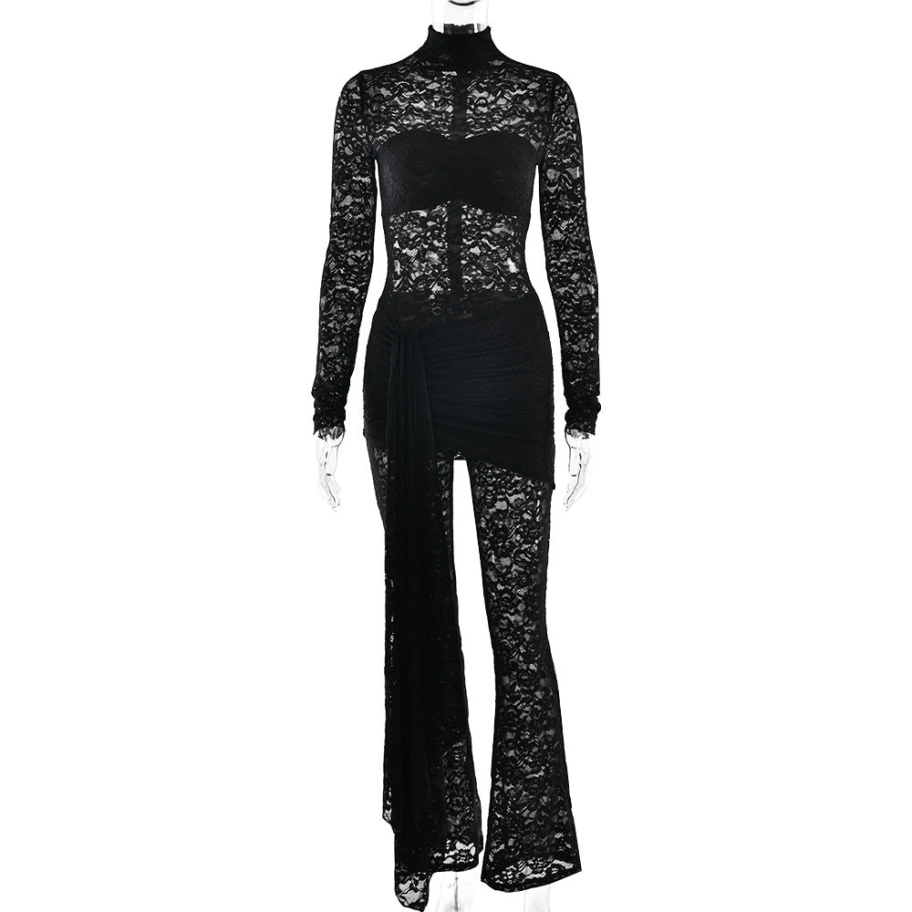 Sheer Lace Sexy Ribbon Slim Jumpsuit
