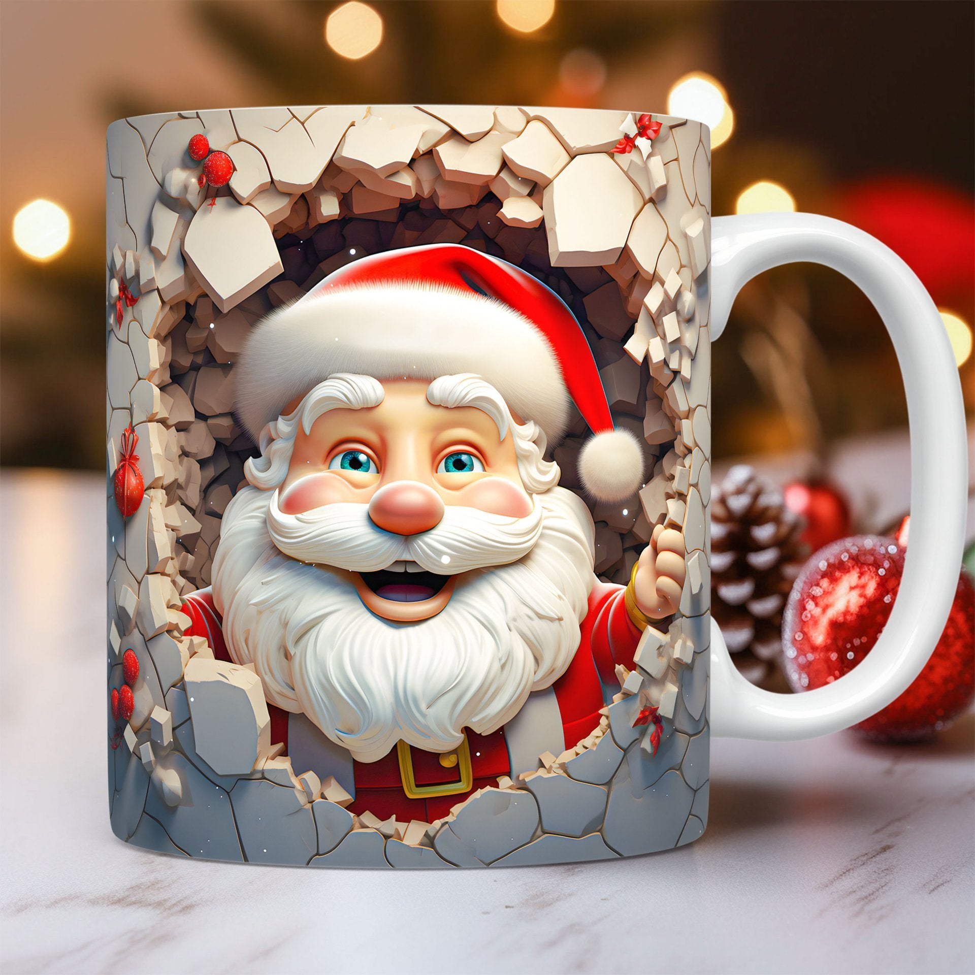 Christmas Op Art 3D Illusion Santa Claus Ceramic Coffee Mug in Assorted Colors