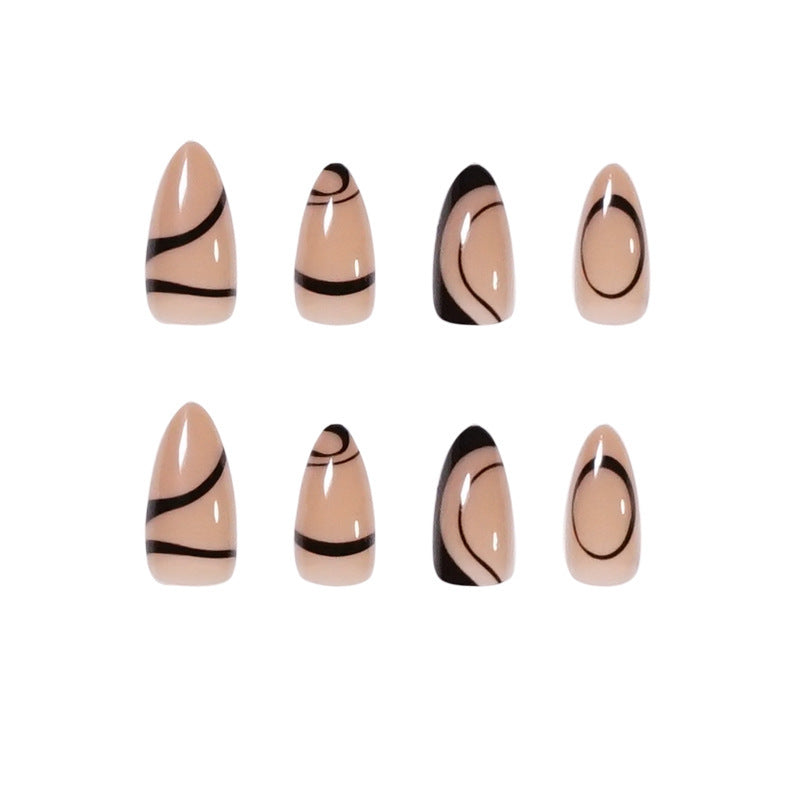 Women's Nude Almond Nail Set with Black Accent Details