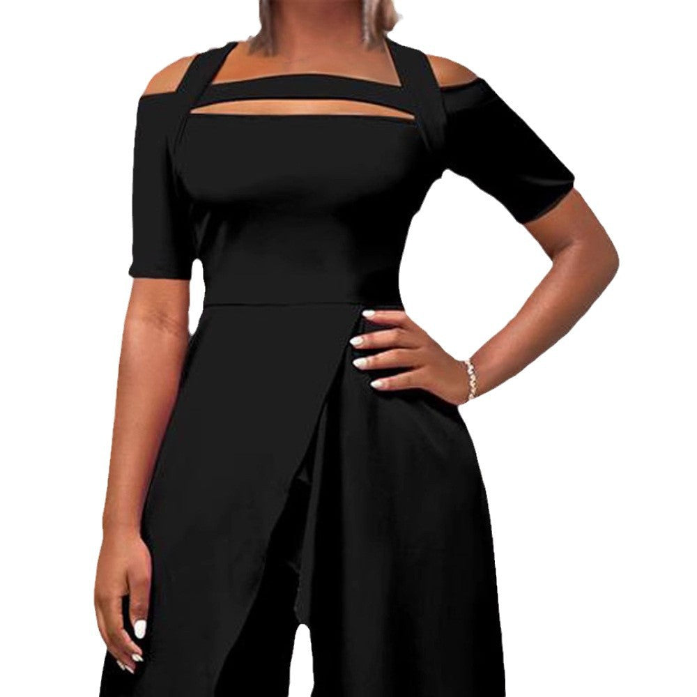 European And American Women's Fashion Short-sleeve Off-shoulder Solid-color Jumpsuit