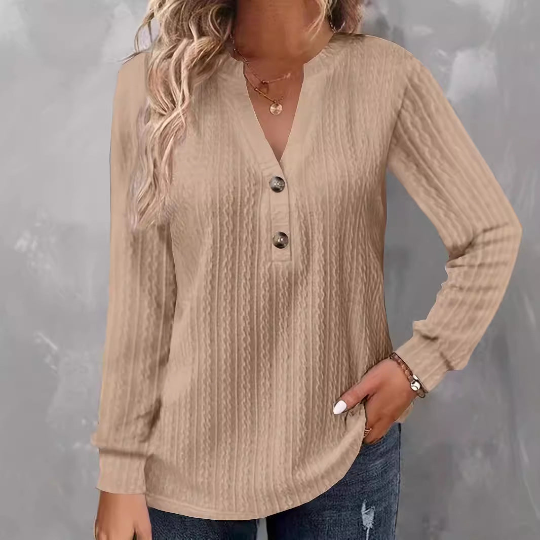 Women's Solid-color Long-sleeve V-neck Button T-shirt Top