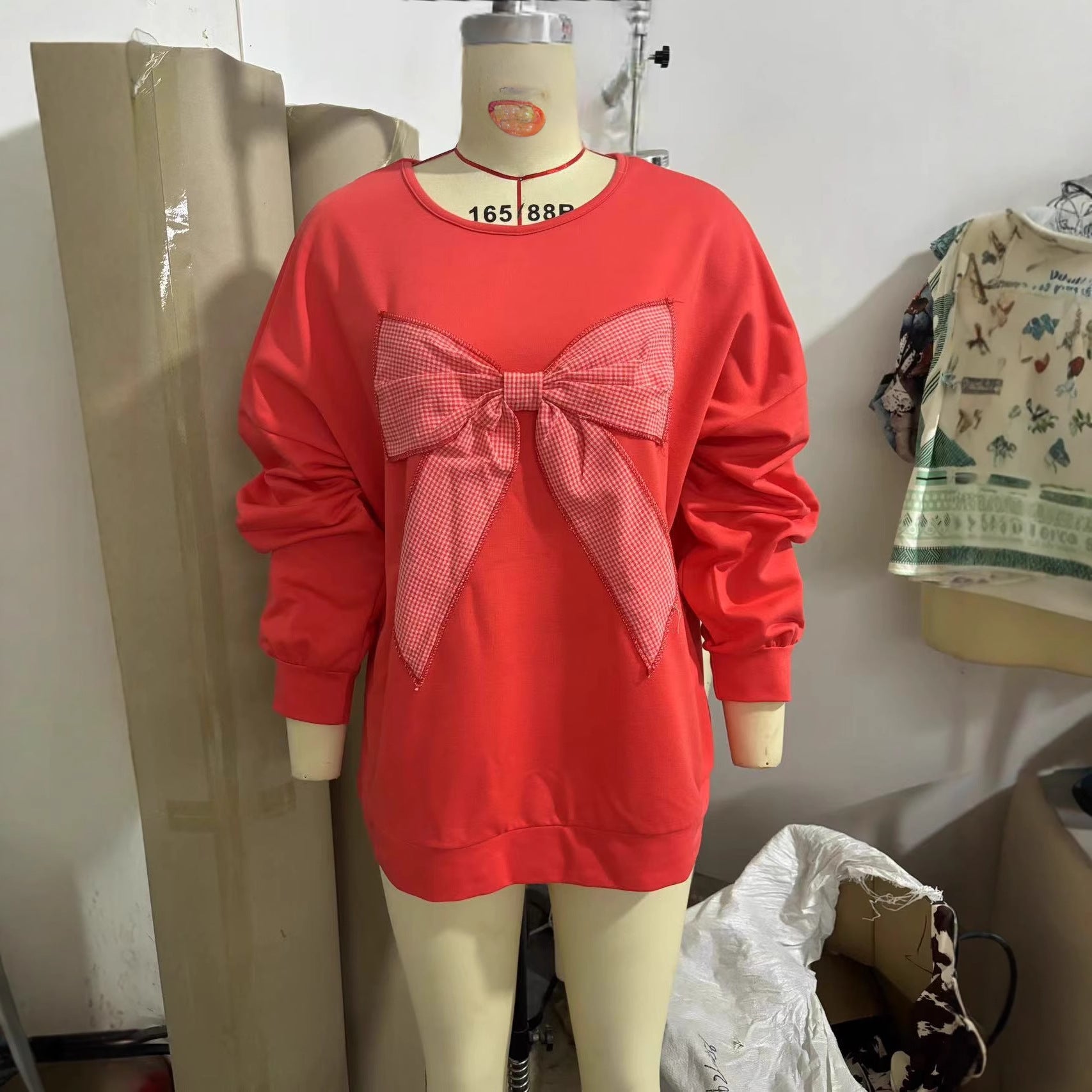 Women's Long-sleeve Crew-neck Loose-fit Hoodie With Bow Detail