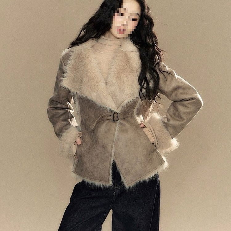 Suede Fur Trimmed Short Coat For Women
