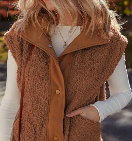 Cinnamon Faux Fur Snap-front Knot Side Plush Vest With Pockets