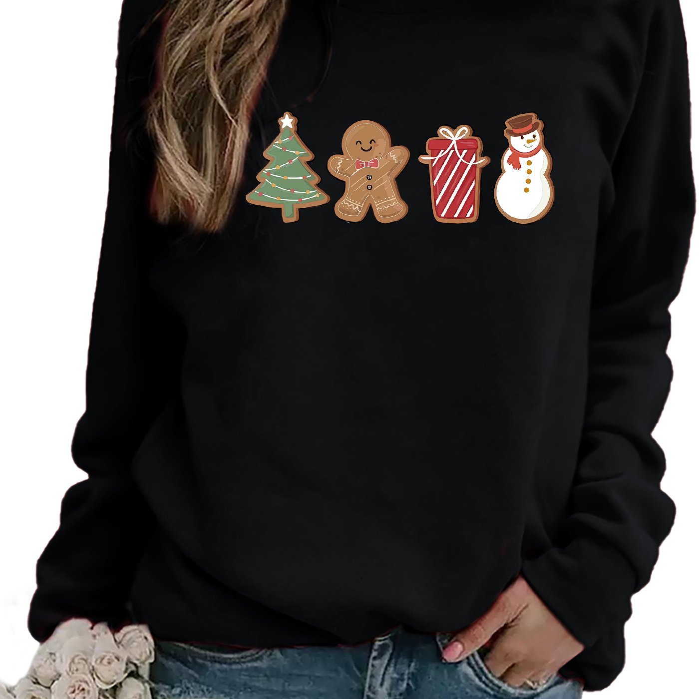 Snowman And Gingerbread Man Printed Sweater Comfortable And Casual