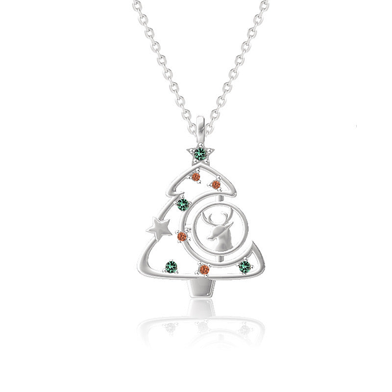 925 Silver Modern Reindeer Christmas Tree Cubic Zirconia Pendant Necklace in Assorted Finishes-White Gold-Theone Apparel