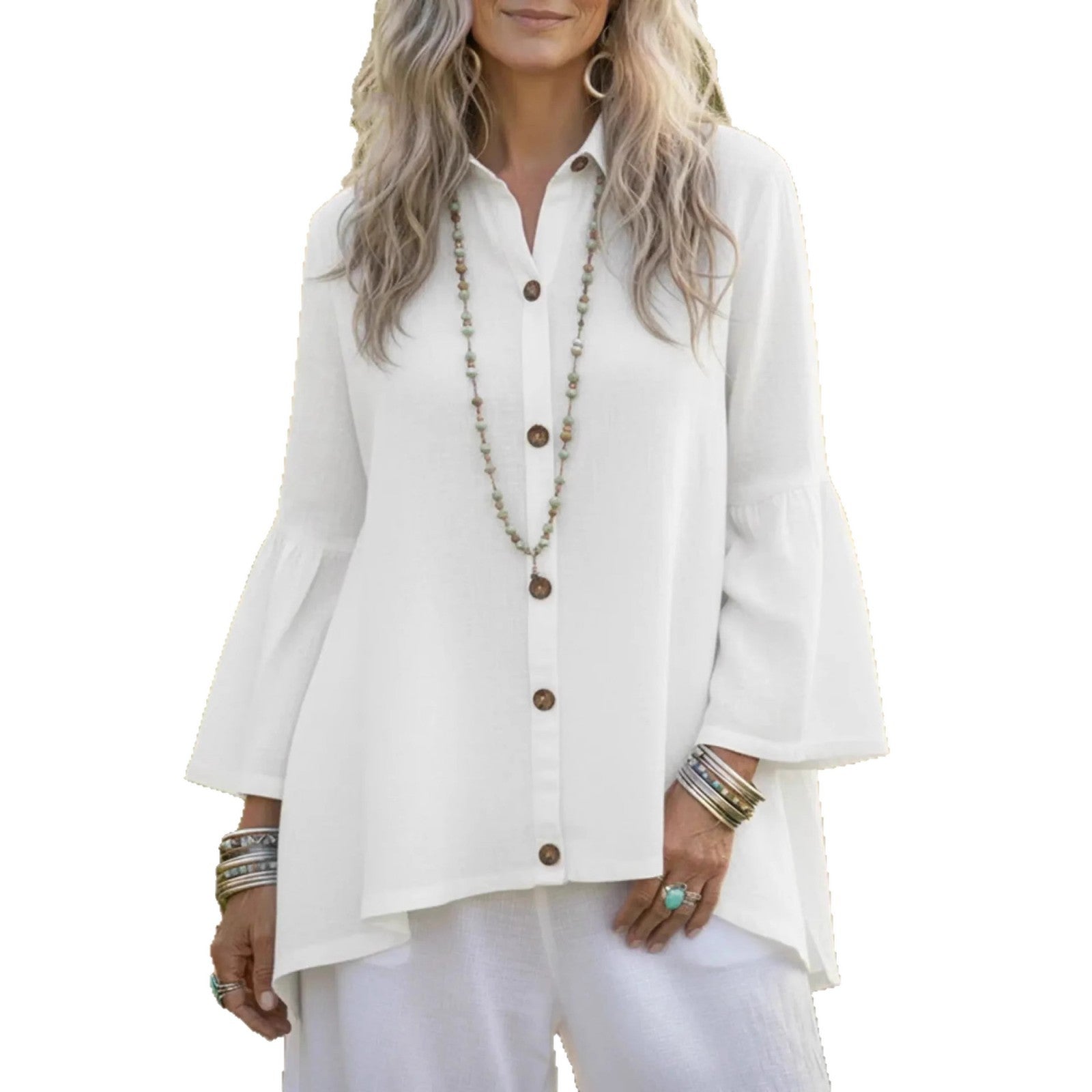 Women's Loose Solid-color Cotton-Linen Flare-sleeve Shirt