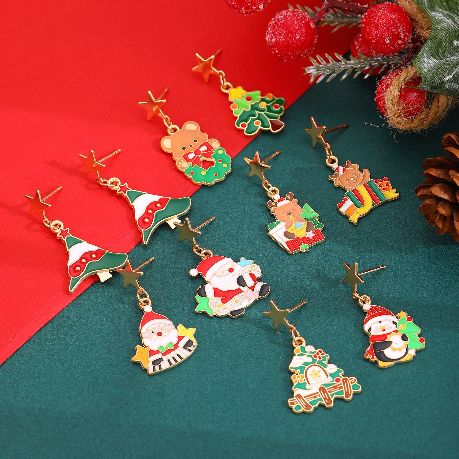 Whimsical Enamel and Metal Stud Back Christmas Themed Drop Earrings